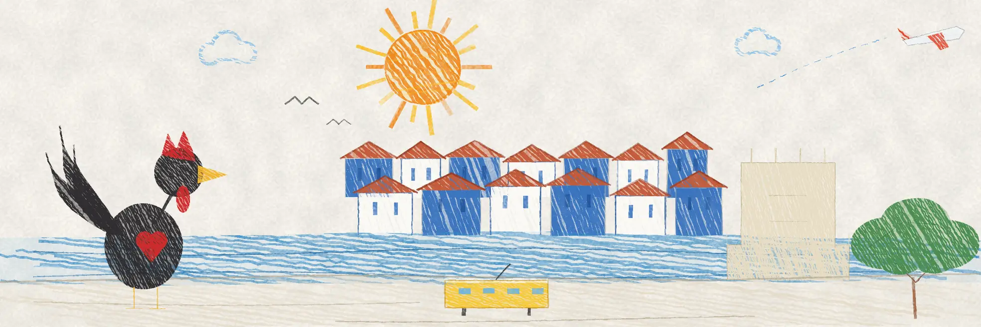 Illustrated Portugal scene with the Rooster of Barcelos, blue and white riverside houses with terracotta roofs, a yellow tram and an azulejo tiled wall